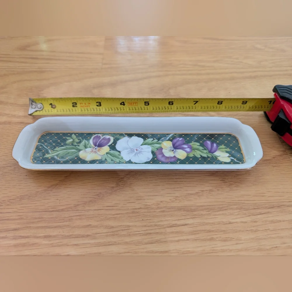 Neiman Marcus Floral Ceramic Vanity Tray - White and Purple Pansy